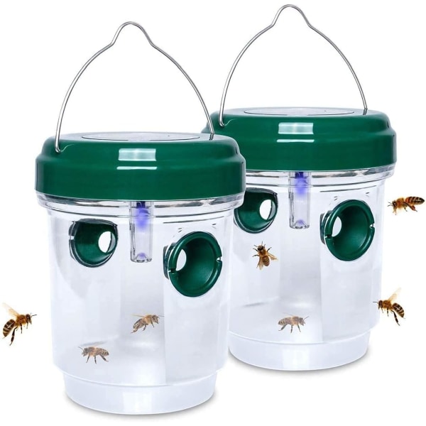2-pack getingdödare, solcells driven getingfälla med UV LED-ljus, återanvändbar insektsfälla bikupa för getingar, gula jackor och getingar (grön)
