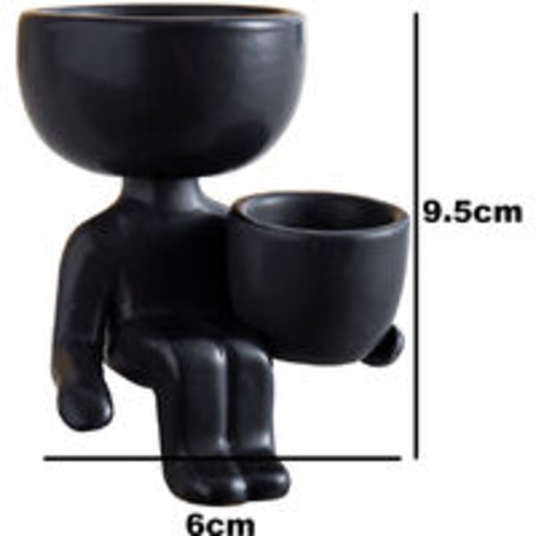 1 Piece Ceramic Planter Sitting Humanoid Plant Container Tabletop Decor for Home Office - Holding a Basin with One Hand Black