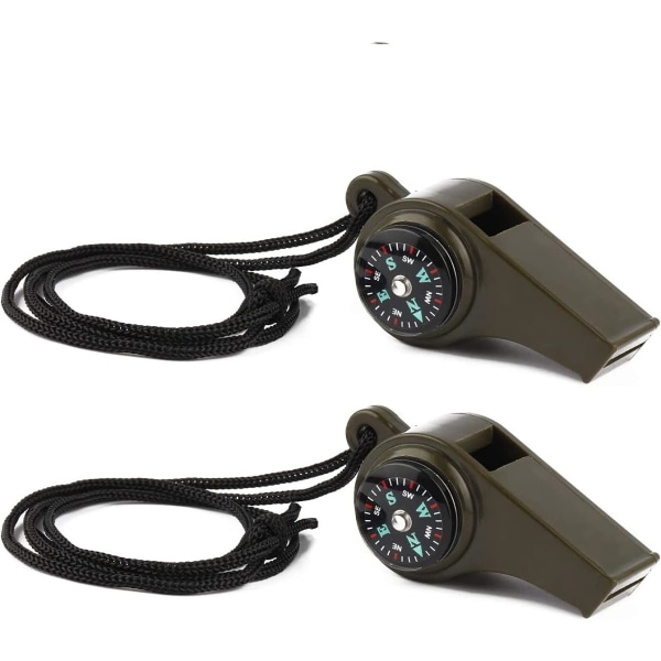 Nödöverlevnadsvisselpipa 2-pack, 3-i-1 visselpipa med kompass och termometer, högt och säkert med snöre, lämplig för utomhusvandring, camping, bo