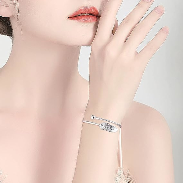 Dam Armband 925 Sterling Silver Justerbar Öppning Blad Fjäder Armband