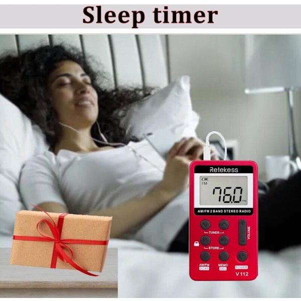 (Rød) V112 Bærbar mini radio, lommebærbar radio, FM AM, Walkman oppladbar mini, vekkerklokke, 3.5mm hodetelefonkontakt, utendørs, egnet for løping