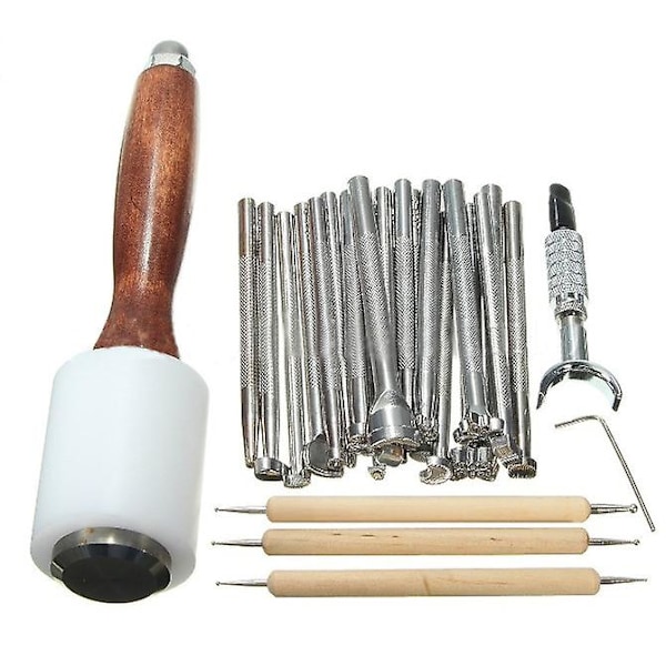 27 Pieces/Set Leather Craft Tools Wood Steel Leather Carving Hammer Printing Tools Sewing Craft Kit