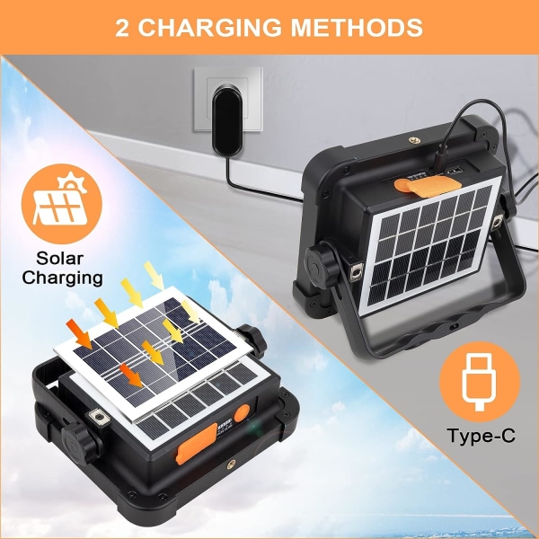 Rechargeable LED Floodlight, 80W Construction Site Lamp, Portable Work Light 200 LEDs/Solar Panel/4 Lighting Modes/External Battery 6000mAh, I