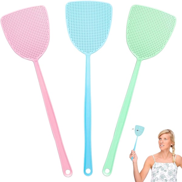 Fluesmekker, 3 stk. Fluesmekker i plast, manuell fluesmekker for å avvise fluer, mygg, insekter (blå, grønn, rosa)