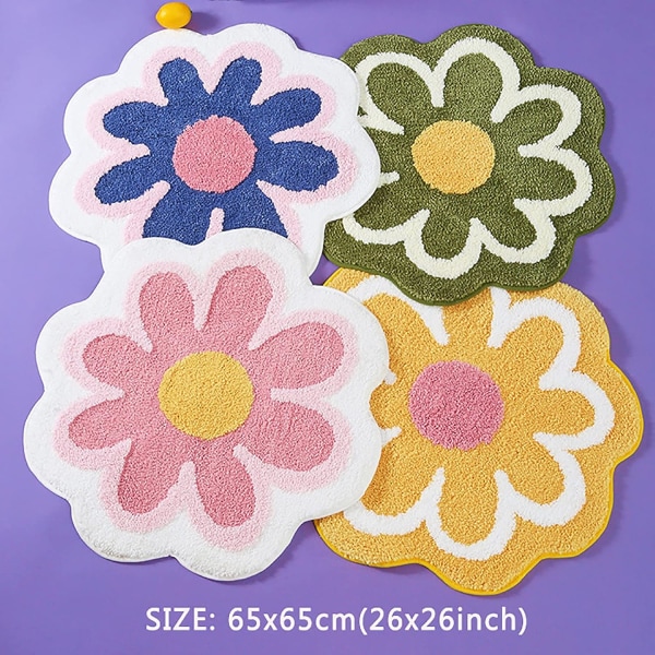 Skridsikker bademåtte til badeværelse, absorberende bademåtte, smukt blomsterformet badeværelsestæppe, blød tuftet brusebadsmåtte（60*60cm，gul）