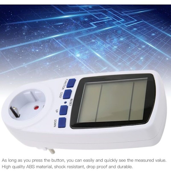 Strømmåler Elektricitetsforbrugsmåler, med baggrundsbelyst LCD-display, Overbelastningsadvarsel Watt Volt Amp Meter til hjemmet EU-stik