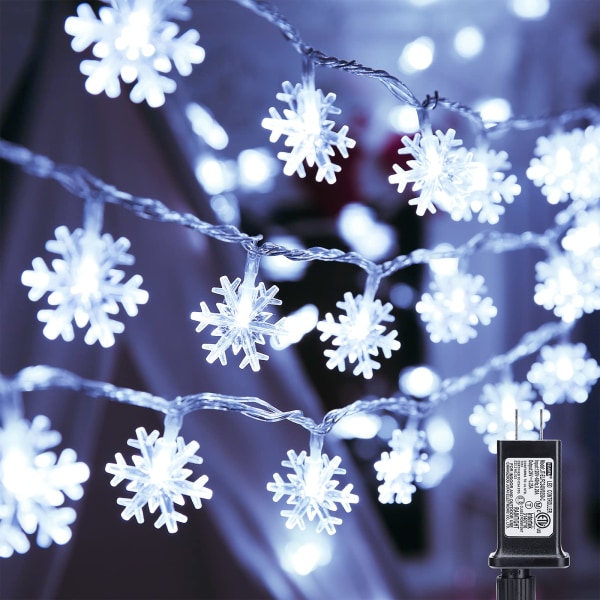 Snowflake Julelys, 100 cm 100 LED Julelys, Lavspænding 8 Modes, Snowflake Fairy String Lights Vandtæt (Klar hvid)