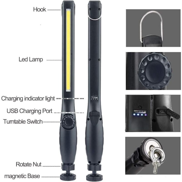 Ladattava LED-työvalaisin magneettisella ja USB-pyörityksellä 360 astetta, Ladattava LED-tarkastusvalaisin, tarkastusvalaisin siivoukseen, retkeilyyn, työpajaan