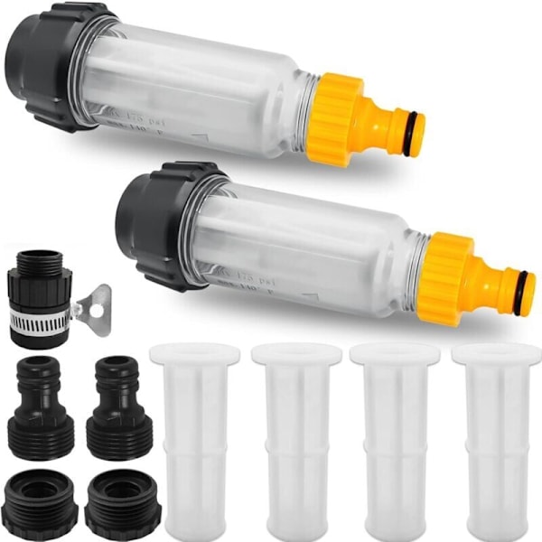 Hagevannfilter, 2 stk 3/4 tommers vannforfilter, vannfiltersett med 4 filterinnsatser og 5 hurtigkoblingsadaptere for høytrykksspyler, Ga