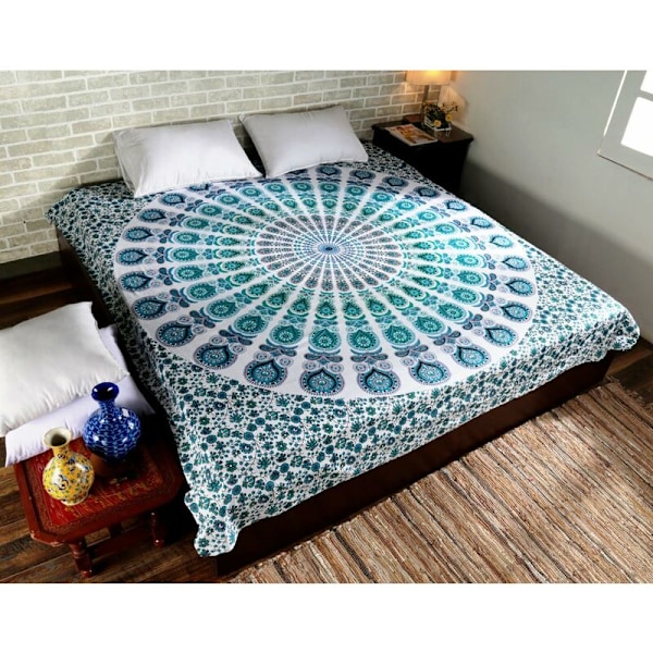 Påfugl veggteppe blå bomull turkis 90x84 tommer mandala teppe
