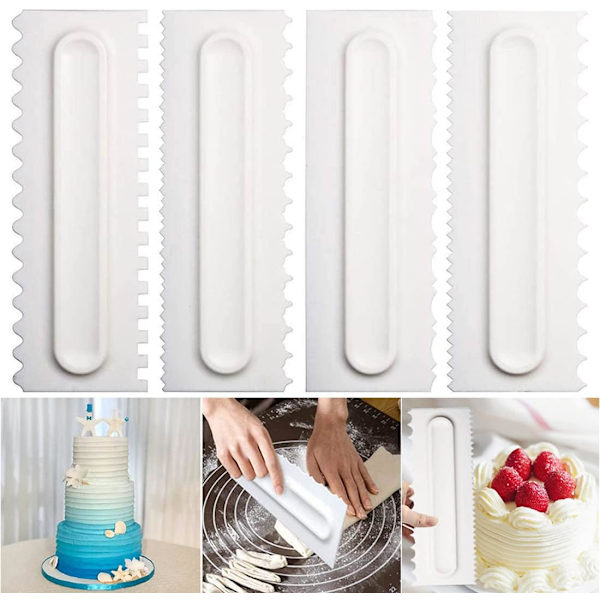 4 st kakskrapa smörkrämsskrapa kakkantsskrapa skärare kakdekorationskonturkam dubbelsidig mönstrad 8 design kakskärare DIY Fonda