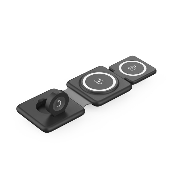 3-i-1 foldbar trådløs oplader, Magnetic Pad Ladestation kompatibel med iPhone 14/13/12, Apple Watch og AirPods (sort)