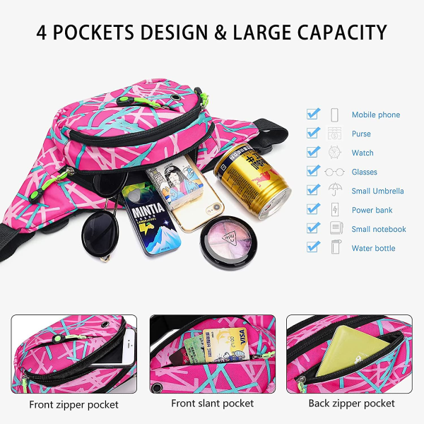 Midjeväsk Fanny Pack, Trendig Bumbag för Kvinnor Män, 4 Fack Justerbar Midjeväska för Löpning Vandring Rosa