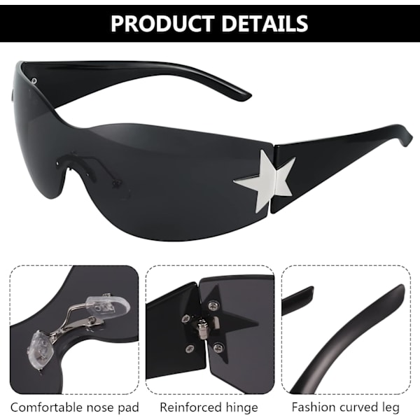Y2K Solbriller, Rammeløse Wrap Around Solbriller til Kvinder Mænd, Retro Trendy Kvindernes Oversize Shades Cool Star Fashion Solbriller UV400