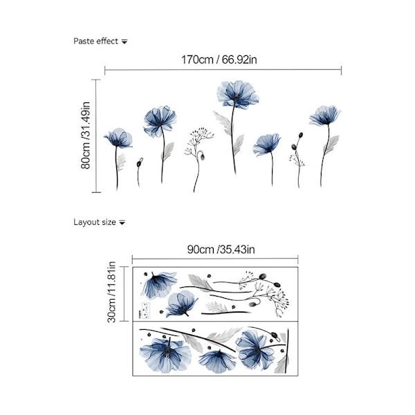 Vægsticker Blå blomster Stor vægsticker blå blomster Valmue Plante Vægdekoration Badeværelse Badeværelse