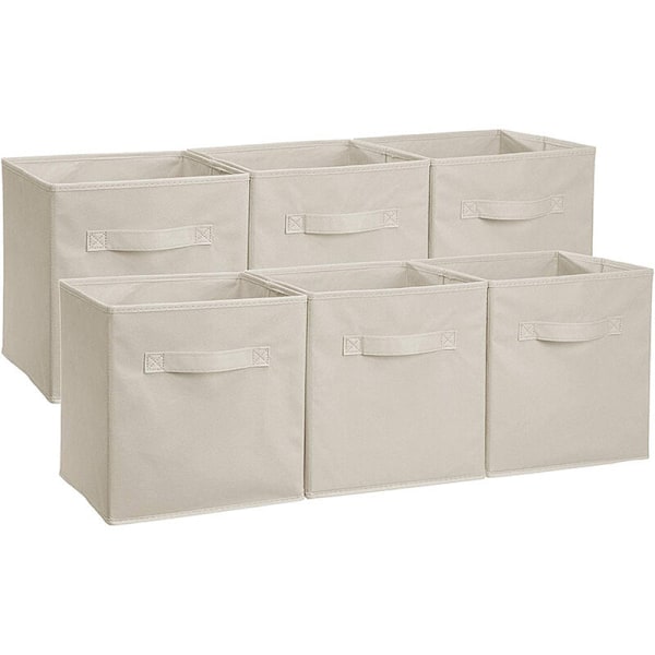Sæt med 2 enkelte beige opbevaringskasser, foldbart stof med håndtag, 26,6 x 26,6 x 27,9 cm