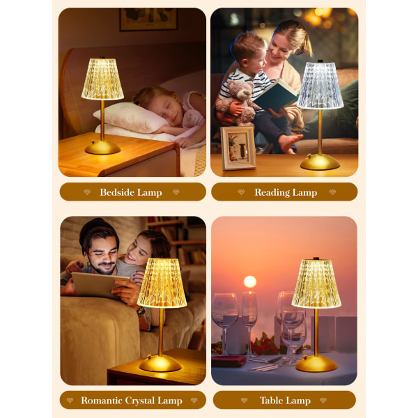Berøringskrystalllampe, 3 farger oppladbar lampe, trådløs lampe for soverom, berøringslampe soveromslampe