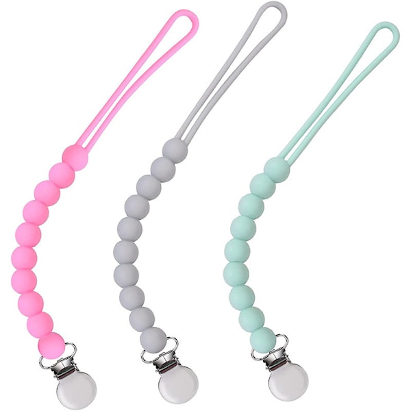 Bomullsnapphållare, 3-pack napphållare med spädbarnsnapphållare för att fästa napp på babykläder för babyshowerpresent (Grön+Grå+Rosa)