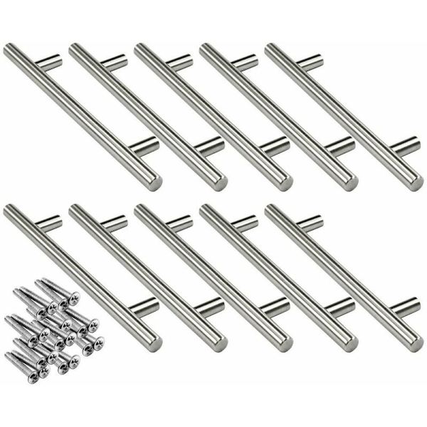 10x 160mm rustfritt stål T-bar kjøkkenhåndtak, Ø12mm skapdørhåndtak med skruer
