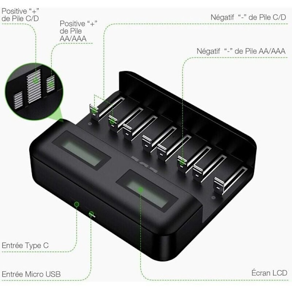 LCD-yleisakkulaturi, yleislaturi AA/LR6, AAA/LR3, C/R14, D/R20 Ni-MH -akuille, Type C Micro USB -sisääntulolla, 9008 char