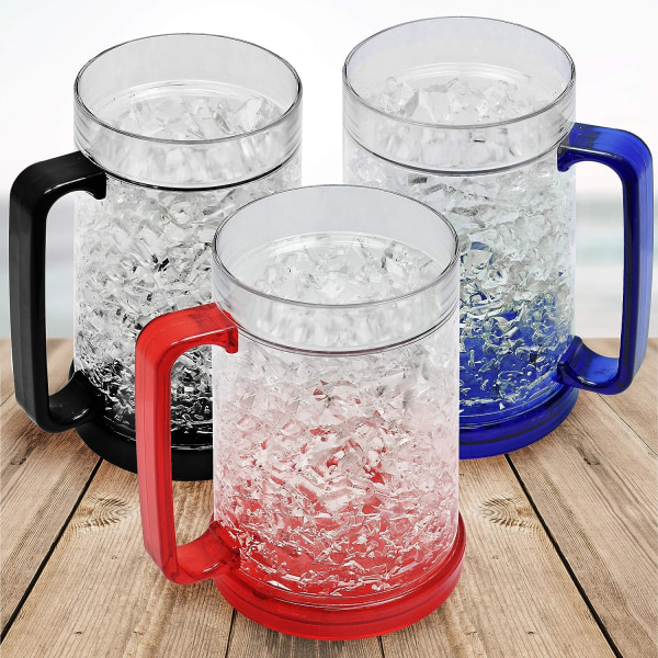 Freezer Ice Beer Mugs, Drinking Glasses, Double Wall Gel Frosty Beer Mugs, Cooling Wine Cups for Parties and Gifts, Clear 16oz Set of 3 (Blue, Red a