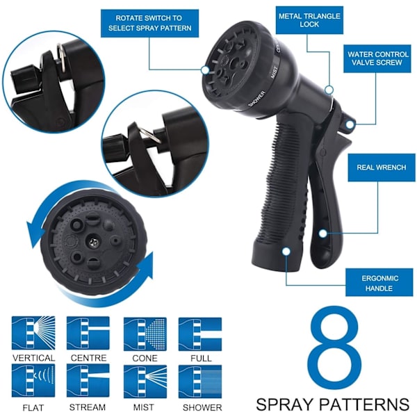 Utvidbar hageslange opptil 7,5 m med 8-funksjoners spraypistol, utvidbar magisk hageslange, lekkasjesikker, messingbeslag, slangeholder, oppbevaringspose (Bla
