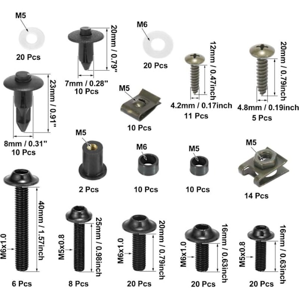 198 delar/set Sats med kåpskruvar, Kit Boulon Universal Motorcykelkåpa Fästen Kitches Crossworms Sår Cruss KLIPS Sortiment (Svart)