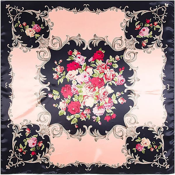 (2 st - Svart) 90x90cm Dam Polyester Silke Handtag Fyrkantig Huvudduk Antik Ros Vagn Blomma Sjal