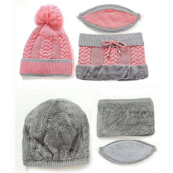 Mössa Kvinna Vinter Varma Ullmössa Varma Söt Kvinna Mössa Trestycke Öronskydd Stickad Mössa(rosa)