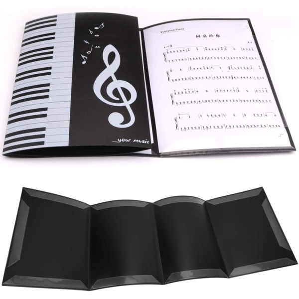 Nodemappe, Mappe med musiktema A4 størrelse 4 sider Musikmappe Sort musikfilmappe Klavermusikopbevaringsmappe