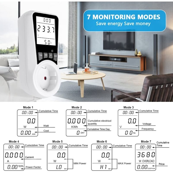 Sähkönkulutusmittari, wattimittari 3680W max sähkömittari LCD-näytöllä, kulutusmonitori voltti ampeeri watti kWh, 7 valvontatilaa (ei