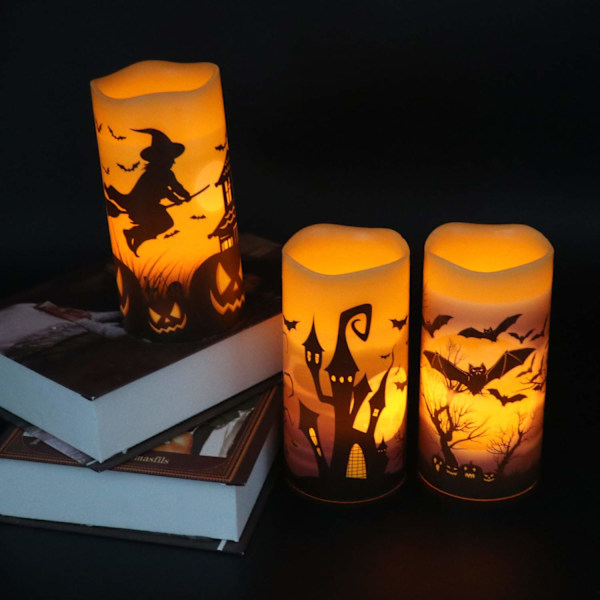 Halloween liekittömät välkkyvät LED-kynttilät 6 tunnin ajastimella, paristokäyttöiset vahakyntilät valikoima tarroja Noita, Lepakko, Linna 3-osainen sarja koristeluun