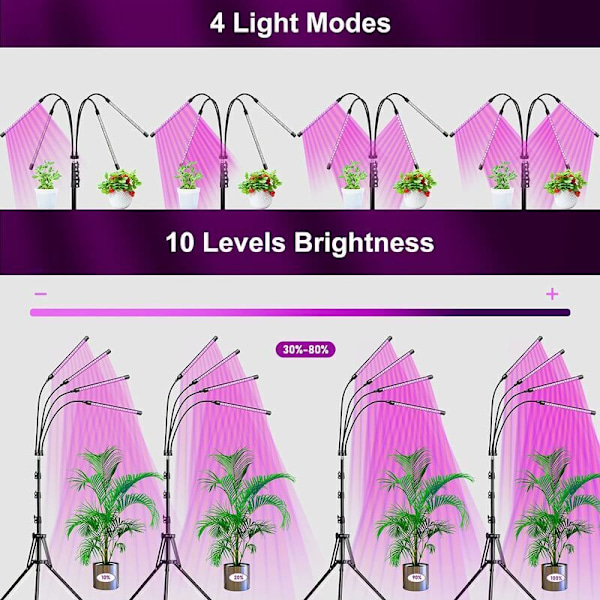 Plante Lampe, Vekstlys med Stativ, 80 LED Vekstlys 4 Hoder Fullspektrum Plantelampe med 10 Dimmenivåer 3 Timer Moduser
