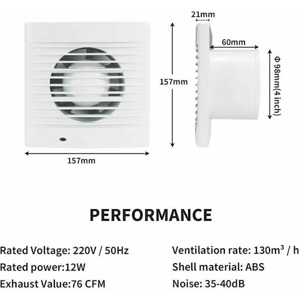 Utsugsfläkt 100 mm 12w 130m3/h med backventil och dragströmbrytare, fönsterfläkt och väggfläkt för badrum kök garage - 4 tum vit, fonepro