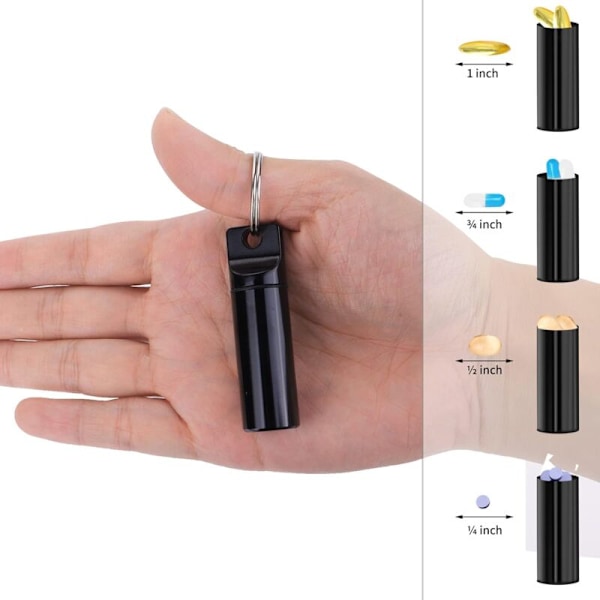 Set med 4 små portabla pilleraskar i aluminiumlegering - mini rese piller - vattentät - för utomhusbruk, camping, resor - svart, silver, röd, blå