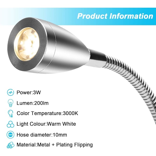2 pakker 3W (sølv euro gauge) veggmonterte sengelamper, 3000K varmt hvitt leselampe veggmontert lampe gåsehals LED leselampe lys