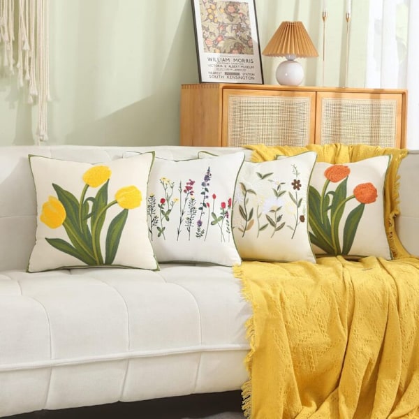Sett med 2 broderte putetrekk 45x45 putevar i bomull med blomstermargeritter dekor for sofa, soverom, bilsete