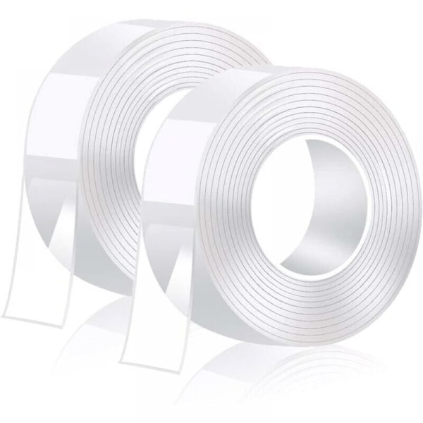 2 stk. Dobbeltsidig tape - dobbeltsidig lim 1 mm tykk, 3 m x 2 cm, Nano Transparent vaskbar tape, dobbeltsidig tape