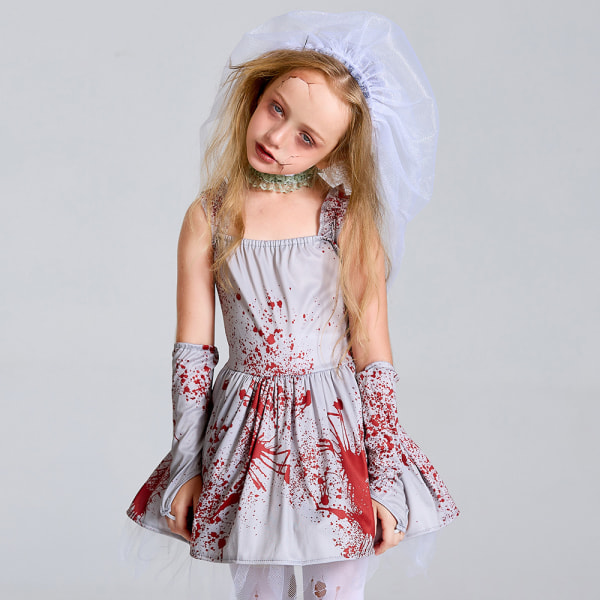 Halloween-asu lapsille kauhuharmaa veren tahrattu aavemorsian naamiainen mekko