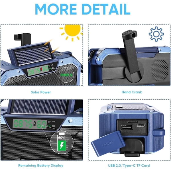 Handvevradio med LCD-display, 2000mAh Bärbar NOAA Väder Solradio svart