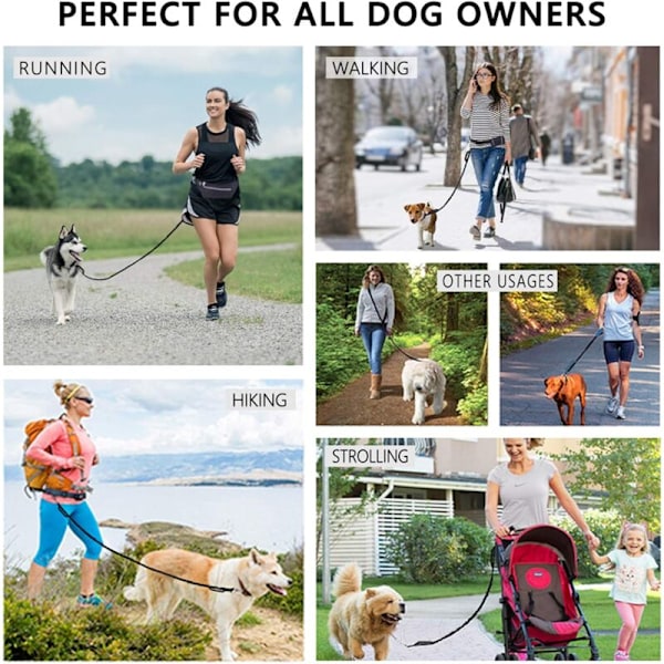 Løpebånd for hunder med elastisk strikk, fri for hunder, løping, jogging, trening, fotturer med mellomstore til store hunder, belte lomme