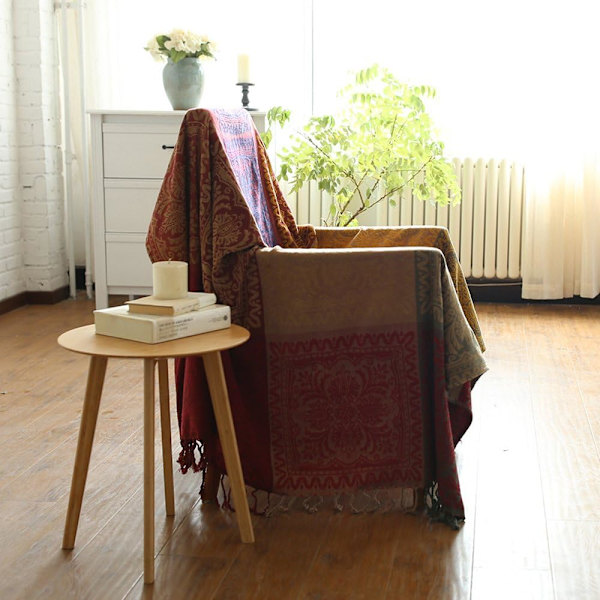 Chenille-peitto, Jacquard-tupsut sohvanpäällinen koristeellinen tuolin suojus sohvalle sängylle pehmeä tuoli, kansanheimokuvio (150 x 190 cm, punainen)