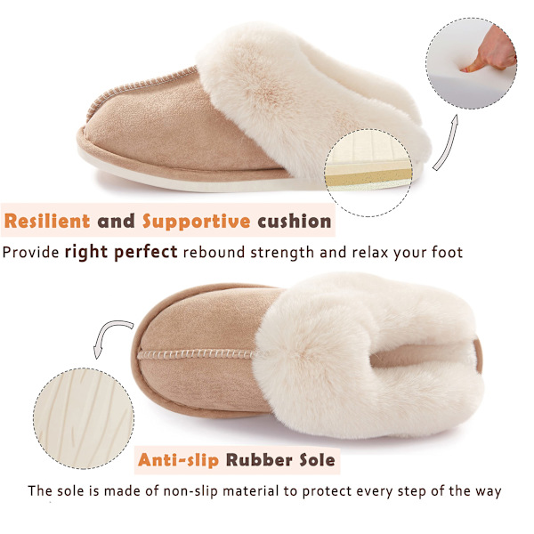 Kvinders hjemmesko med memory foam, bløde og varme hjemmesko med slip-on, skridsikre, komfortable plys til indendørs og udendørs brug (khaki farve)
