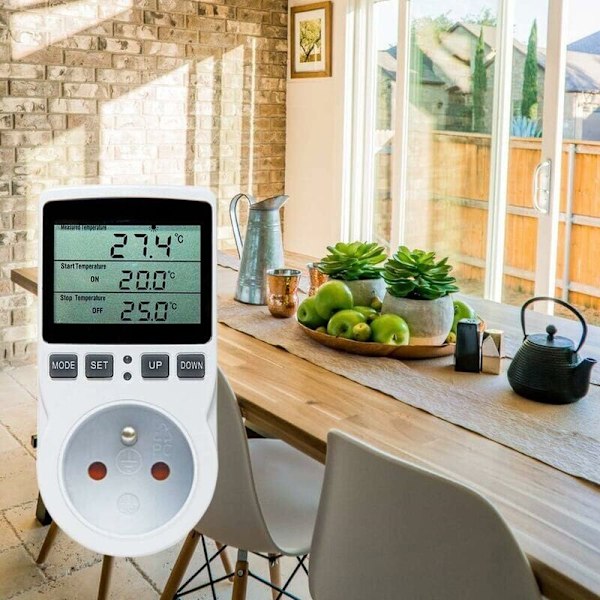 Termostaattipistorasia, digitaalinen ajastinpistorasia, digitaalinen ohjelmoitava pistorasia anturilla, ohjelmoitava digitaalinen ajastin, lämmitystermostaattipistorasia kasvihuoneeseen,