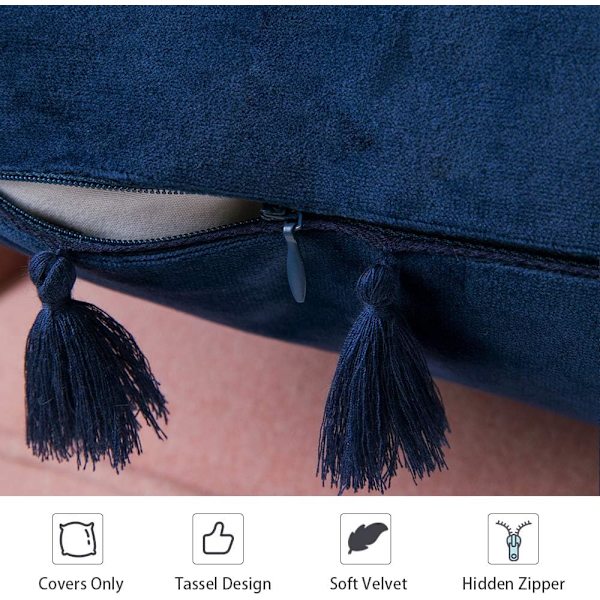 2 stk fløyel myke ensfargede dekorative putetrekk med frynser frynser boho putetrekk for sofa seng marineblå