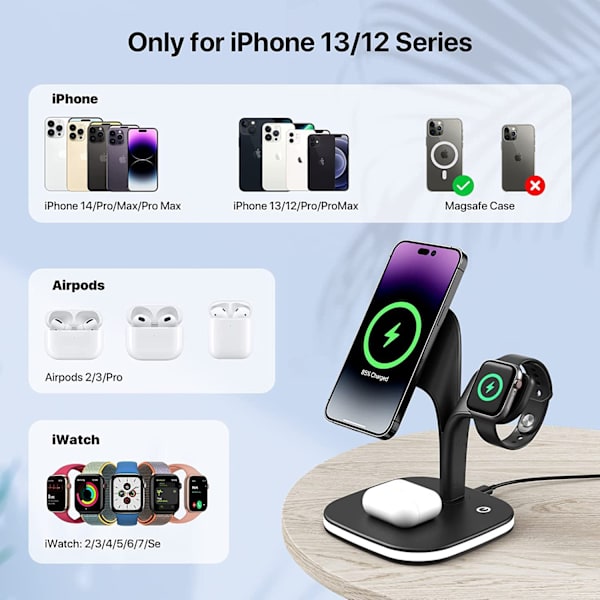 Magnetisk tre-i-ett trådløs mobillader for iPhone14/13/12 øretelefonklokke