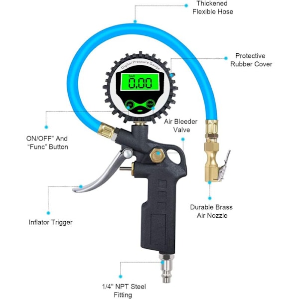 Digital dæktryksmåler med baggrundsbelyst LCD-display, 255 PSI digital dæktryksmåler, dækpumpepistol til bil, motorcykel, cykel