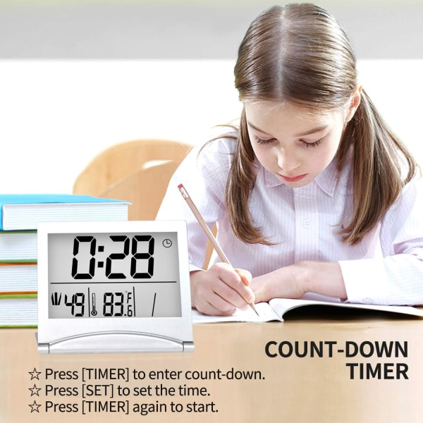 Digital Reseväckarklocka - Fällbar Kalender Temperatur Timer LCD Klocka med Snooze-läge (Silver, Ingen Bakgrundsbelysning)