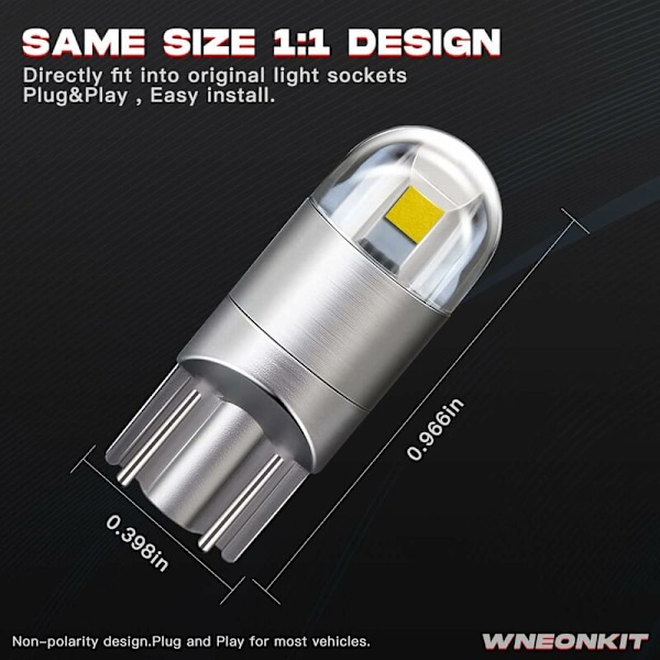 194 921 T10 W5W Hvit LED-pære, 3030 Chipset 2SMD LED-pærer 2W 12V Innvendig belysning LED-ekstrapærer for bilinteriør, eksteriør, dashbord, skiltlys