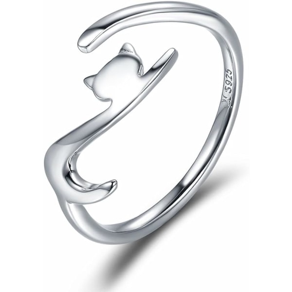 (Set om 2) S925 Sterling Silver Ringar Justerbar Öppning Katt Ring Smycken Flickor Gåvor